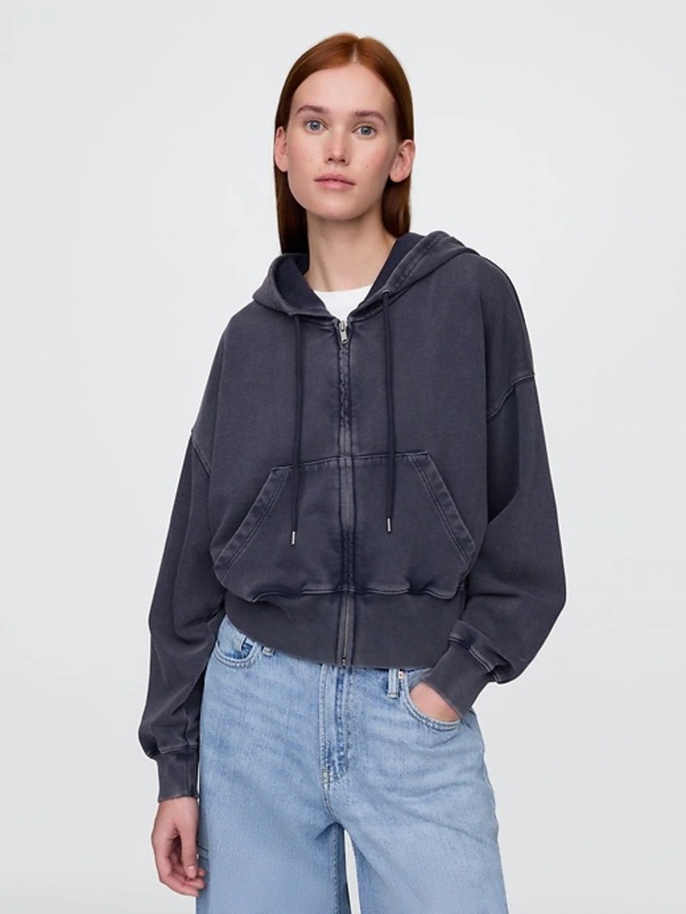 Gap: Navy Blue French Terry Oversized Zip Wedge Hoodie